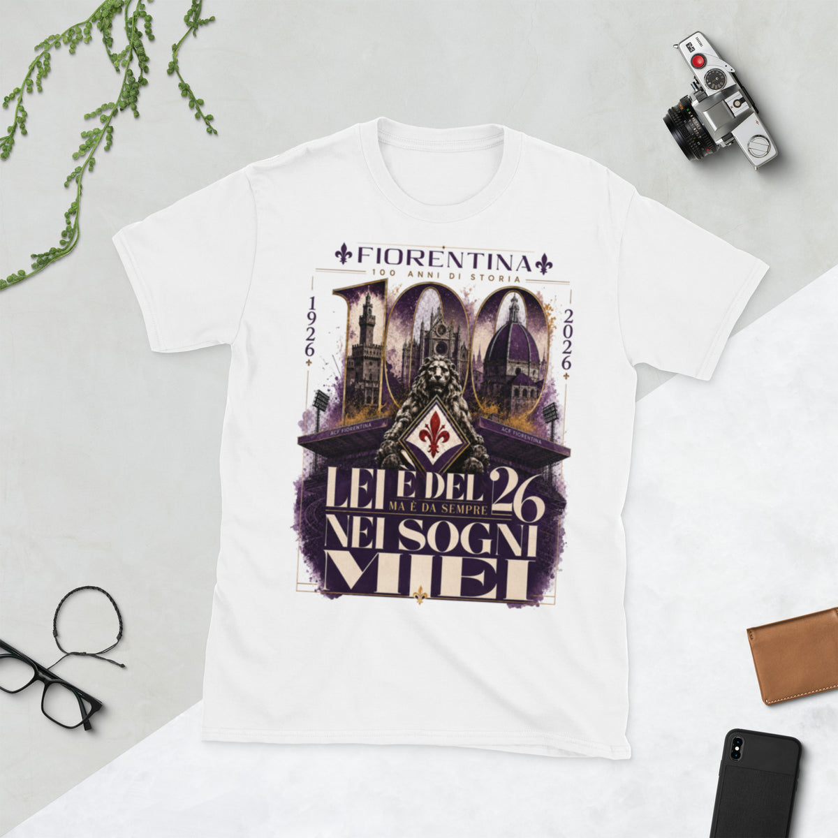 T-shirt Fiorentina 100 Centenario 1926–2026 – mockup frontale GALESPORT